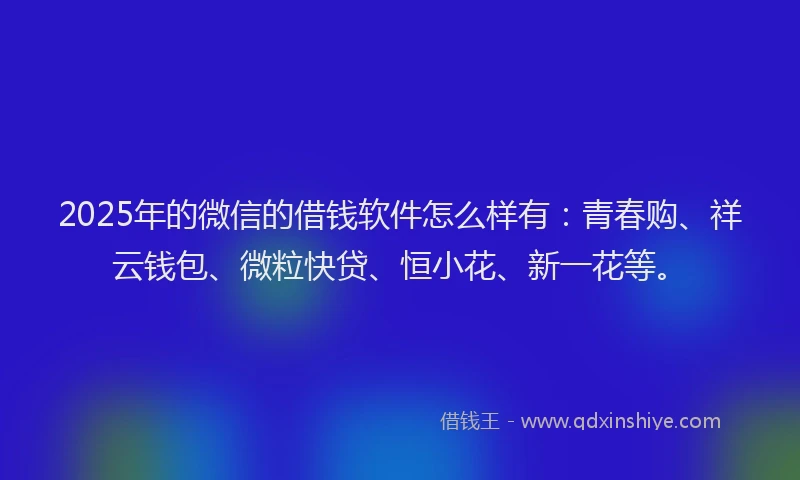 2025年的微信的借钱软件怎么样有：青春购、祥云钱包、微粒快贷、恒小花、新一花等。