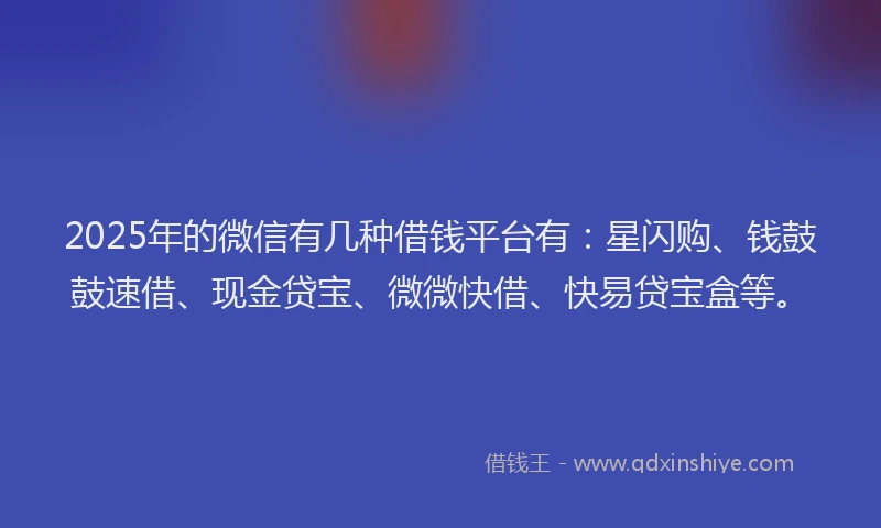 2025年的微信有几种借钱平台有：星闪购、钱鼓鼓速借、现金贷宝、微微快借、快易贷宝盒等。