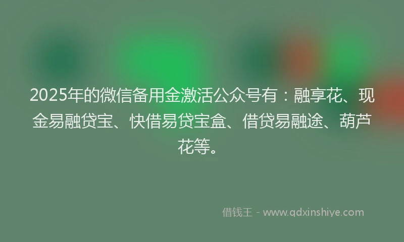 2025年的微信备用金激活公众号有：融享花、现金易融贷宝、快借易贷宝盒、借贷易融途、葫芦花等。