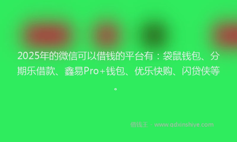 2025年的微信可以借钱的平台有：袋鼠钱包、分期乐借款、鑫易Pro+钱包、优乐快购、闪贷侠等。