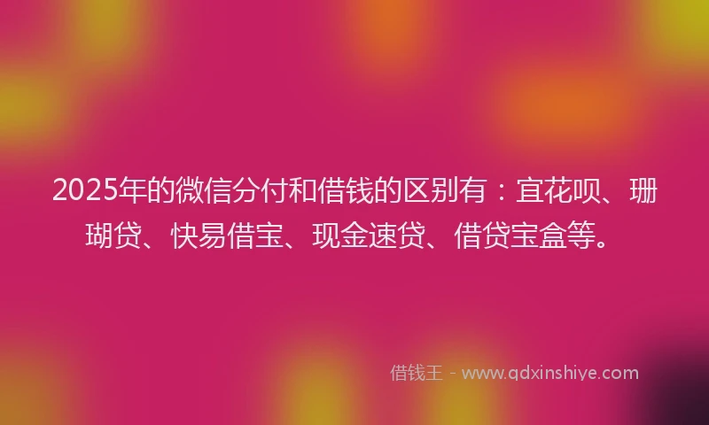 2025年的微信分付和借钱的区别有：宜花呗、珊瑚贷、快易借宝、现金速贷、借贷宝盒等。