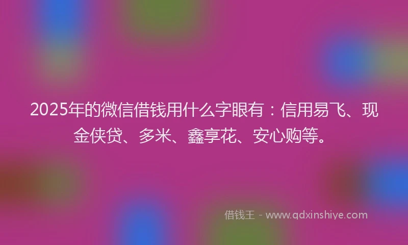 2025年的微信借钱用什么字眼有：信用易飞、现金侠贷、多米、鑫享花、安心购等。