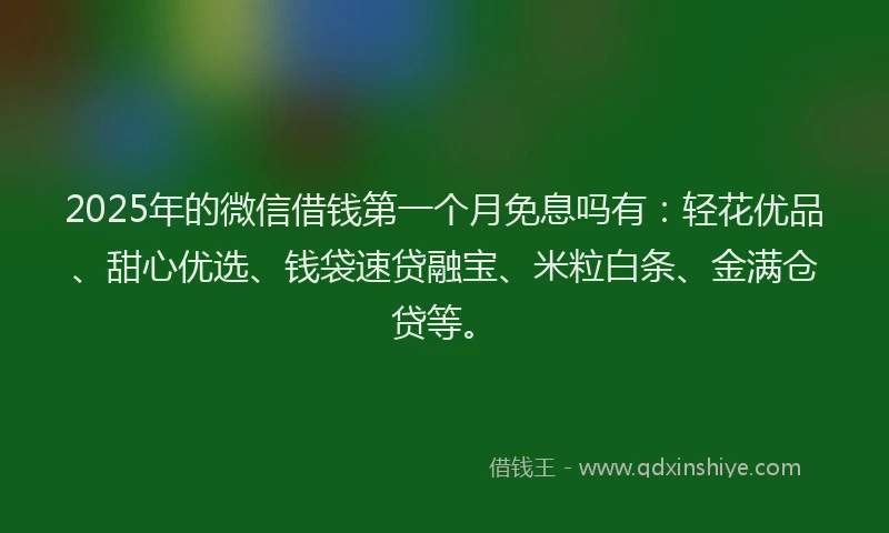 2025年的微信借钱第一个月免息吗有：轻花优品、甜心优选、钱袋速贷融宝、米粒白条、金满仓贷等。