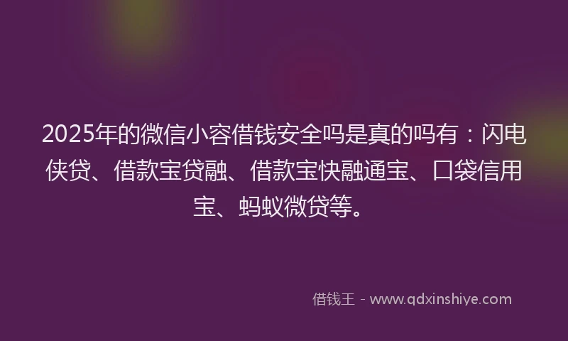 2025年的微信小容借钱安全吗是真的吗有：闪电侠贷、借款宝贷融、借款宝快融通宝、口袋信用宝、蚂蚁微贷等。
