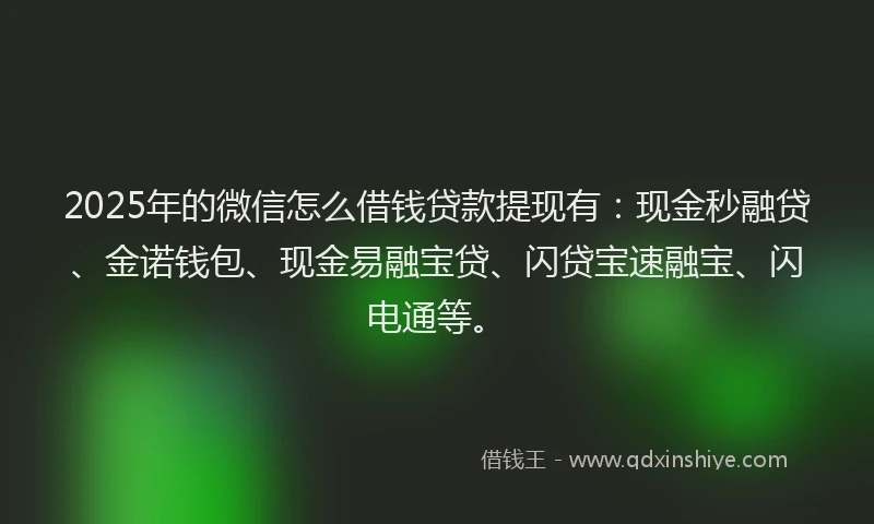2025年的微信怎么借钱贷款提现有：现金秒融贷、金诺钱包、现金易融宝贷、闪贷宝速融宝、闪电通等。