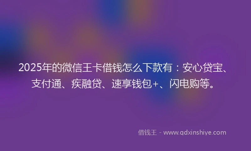 2025年的微信王卡借钱怎么下款有：安心贷宝、支付通、疾融贷、速享钱包+、闪电购等。