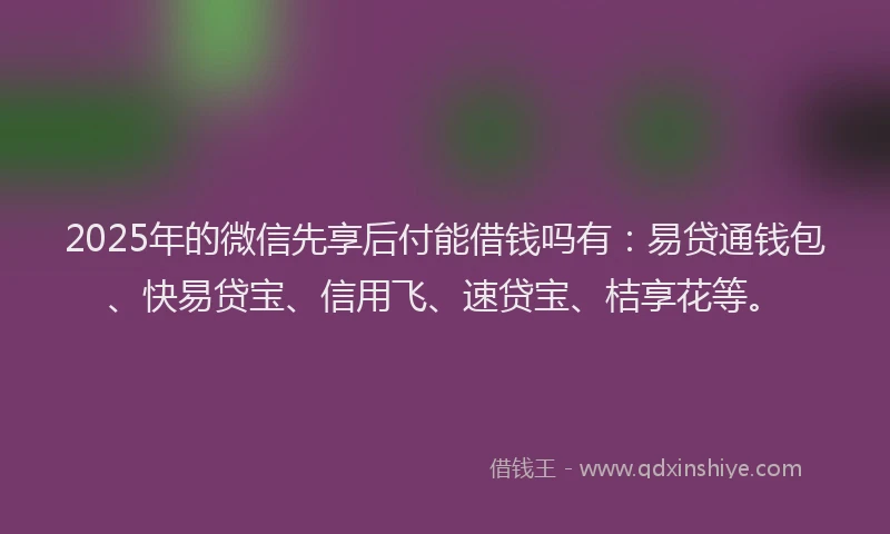 2025年的微信先享后付能借钱吗有：易贷通钱包、快易贷宝、信用飞、速贷宝、桔享花等。