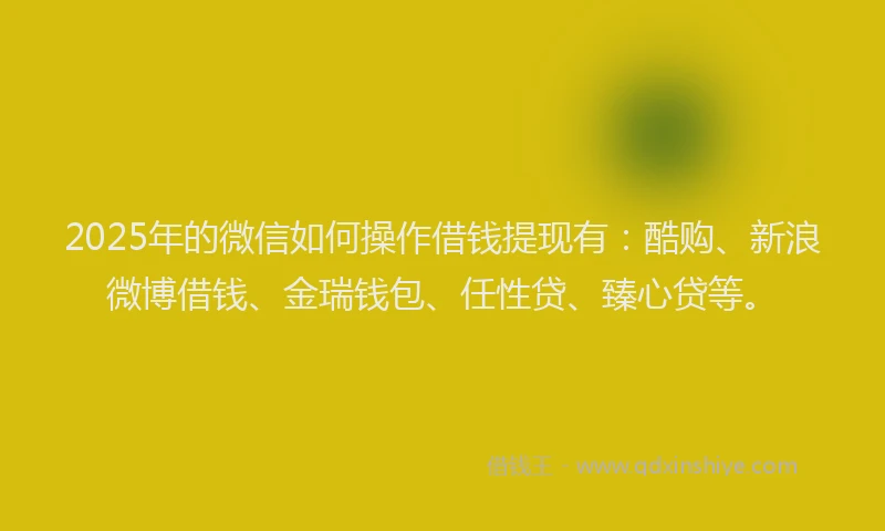 2025年的微信如何操作借钱提现有：酷购、新浪微博借钱、金瑞钱包、任性贷、臻心贷等。