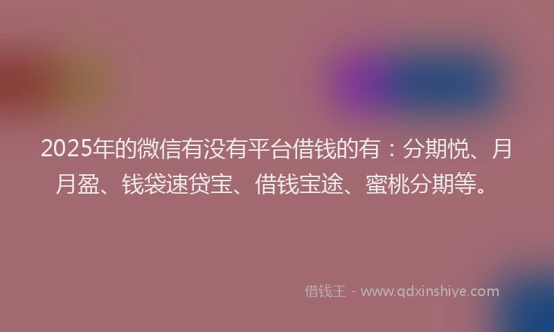 2025年的微信有没有平台借钱的有：分期悦、月月盈、钱袋速贷宝、借钱宝途、蜜桃分期等。
