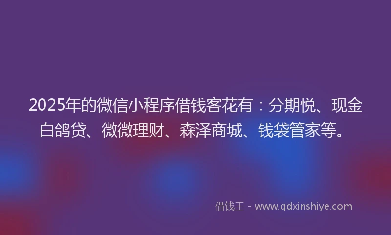 2025年的微信小程序借钱客花有：分期悦、现金白鸽贷、微微理财、森泽商城、钱袋管家等。