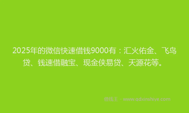 2025年的微信快速借钱9000有：汇火佑金、飞鸟贷、钱速借融宝、现金侠易贷、天源花等。