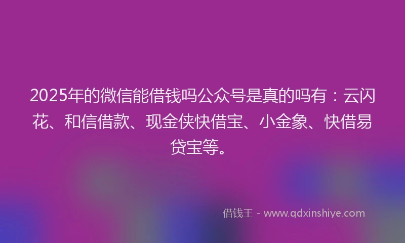 2025年的微信能借钱吗公众号是真的吗有：云闪花、和信借款、现金侠快借宝、小金象、快借易贷宝等。