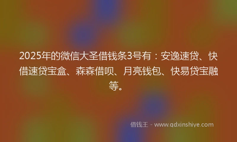 2025年的微信大圣借钱条3号有：安逸速贷、快借速贷宝盒、森森借呗、月亮钱包、快易贷宝融等。