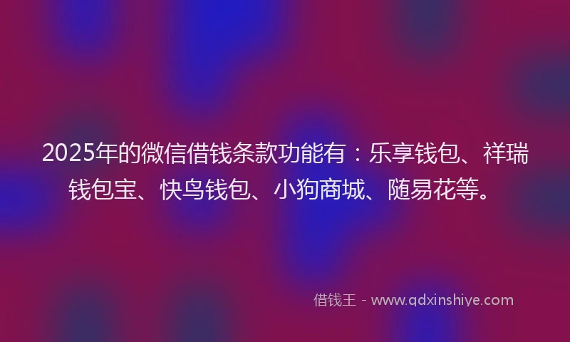 2025年的微信借钱条款功能有：乐享钱包、祥瑞钱包宝、快鸟钱包、小狗商城、随易花等。