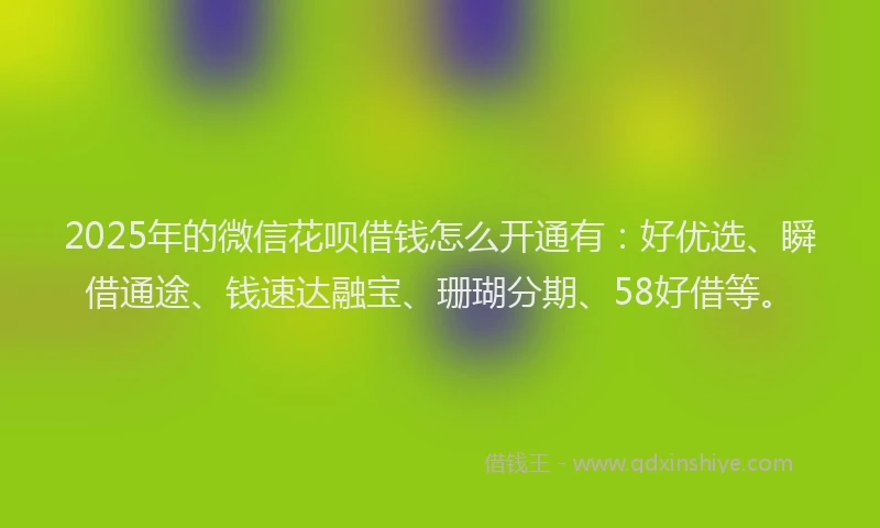 2025年的微信花呗借钱怎么开通有：好优选、瞬借通途、钱速达融宝、珊瑚分期、58好借等。