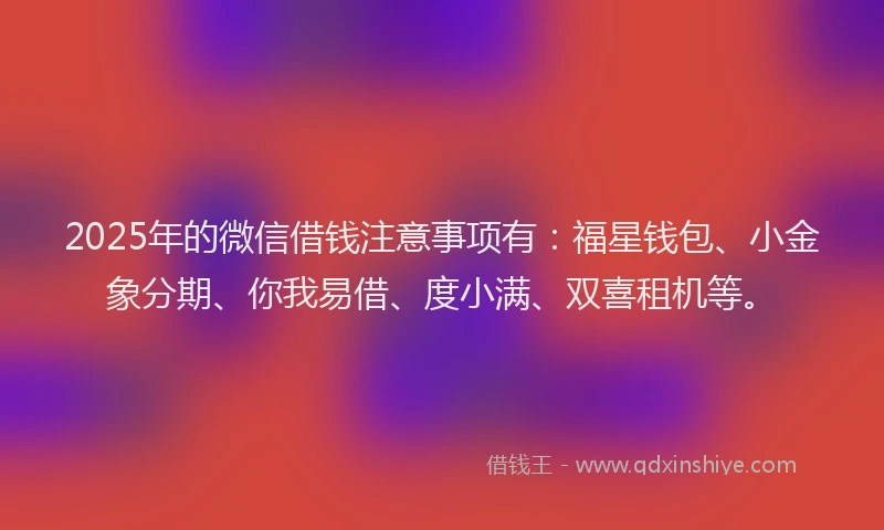 2025年的微信借钱注意事项有：福星钱包、小金象分期、你我易借、度小满、双喜租机等。