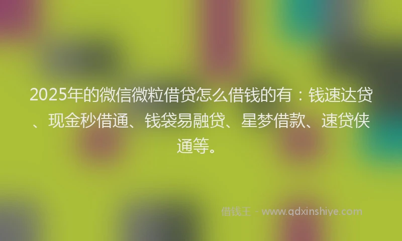 2025年的微信微粒借贷怎么借钱的有：钱速达贷、现金秒借通、钱袋易融贷、星梦借款、速贷侠通等。