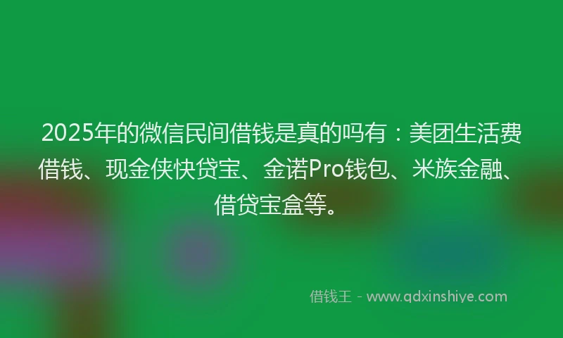 2025年的微信民间借钱是真的吗有：美团生活费借钱、现金侠快贷宝、金诺Pro钱包、米族金融、借贷宝盒等。
