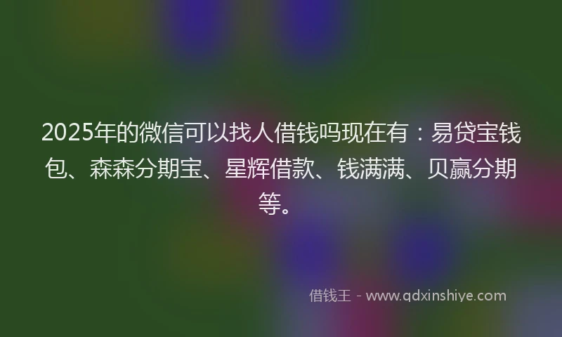 2025年的微信可以找人借钱吗现在有：易贷宝钱包、森森分期宝、星辉借款、钱满满、贝赢分期等。
