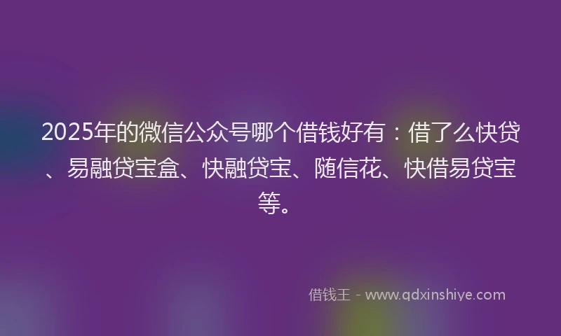 2025年的微信公众号哪个借钱好有：借了么快贷、易融贷宝盒、快融贷宝、随信花、快借易贷宝等。