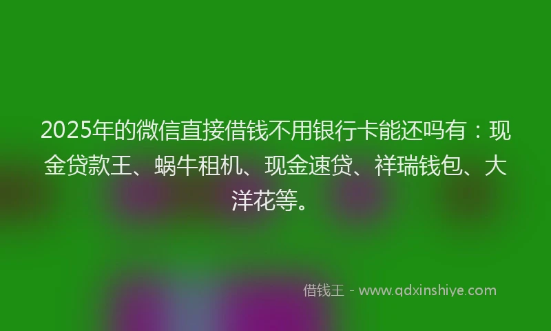 2025年的微信直接借钱不用银行卡能还吗有：现金贷款王、蜗牛租机、现金速贷、祥瑞钱包、大洋花等。