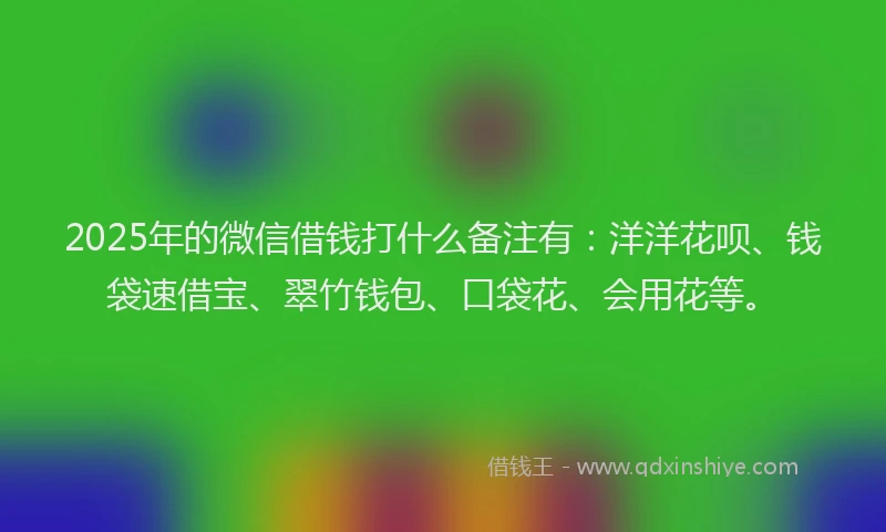 2025年的微信借钱打什么备注有：洋洋花呗、钱袋速借宝、翠竹钱包、口袋花、会用花等。