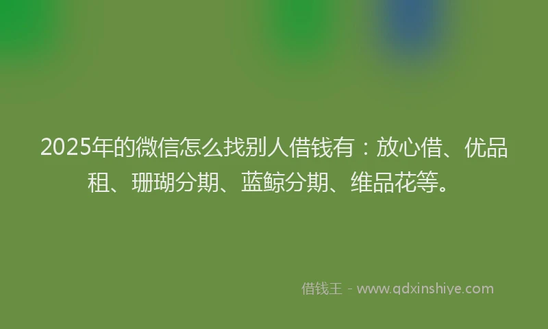 2025年的微信怎么找别人借钱有：放心借、优品租、珊瑚分期、蓝鲸分期、维品花等。