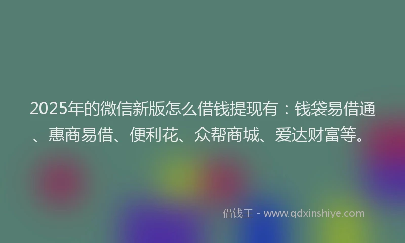 2025年的微信新版怎么借钱提现有：钱袋易借通、惠商易借、便利花、众帮商城、爱达财富等。