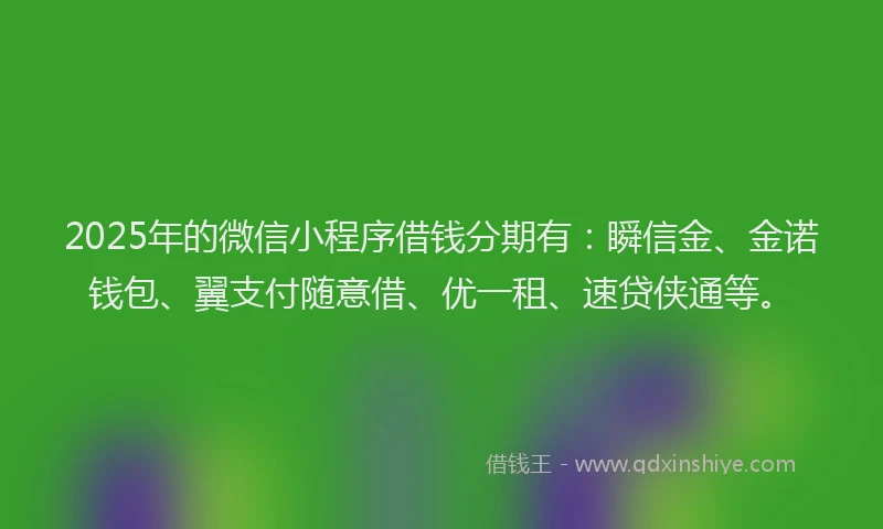 2025年的微信小程序借钱分期有：瞬信金、金诺钱包、翼支付随意借、优一租、速贷侠通等。