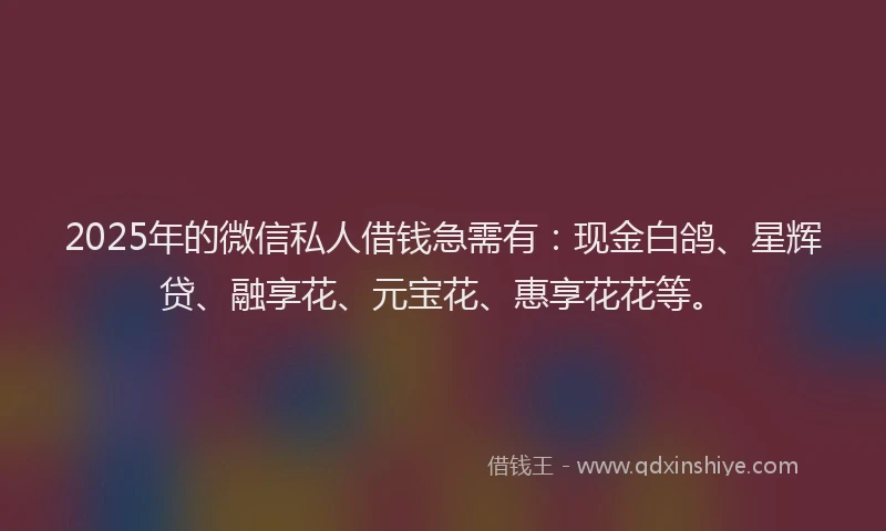 2025年的微信私人借钱急需有：现金白鸽、星辉贷、融享花、元宝花、惠享花花等。