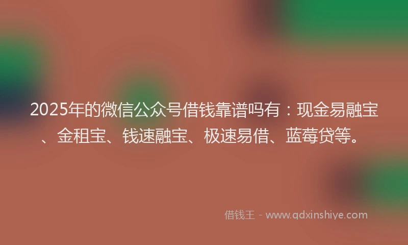 2025年的微信公众号借钱靠谱吗有：现金易融宝、金租宝、钱速融宝、极速易借、蓝莓贷等。