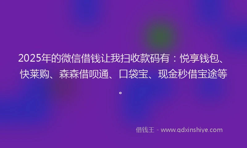 2025年的微信借钱让我扫收款码有：悦享钱包、快莱购、森森借呗通、口袋宝、现金秒借宝途等。