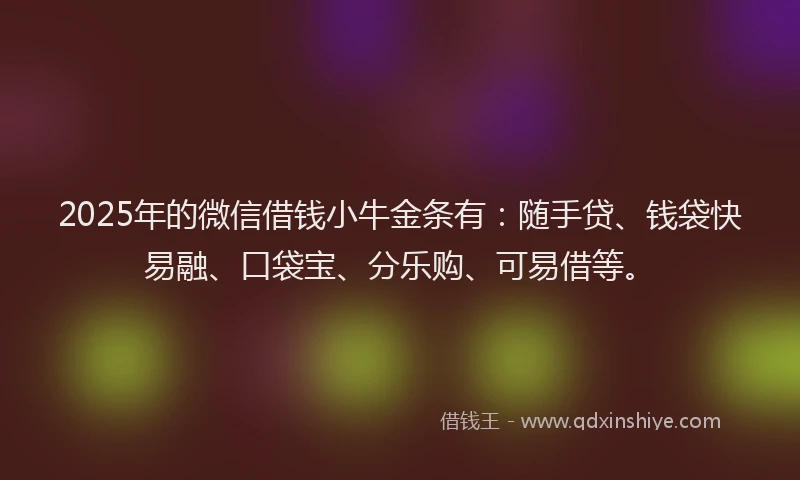 2025年的微信借钱小牛金条有：随手贷、钱袋快易融、口袋宝、分乐购、可易借等。