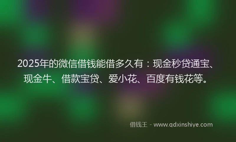 2025年的微信借钱能借多久有：现金秒贷通宝、现金牛、借款宝贷、爱小花、百度有钱花等。