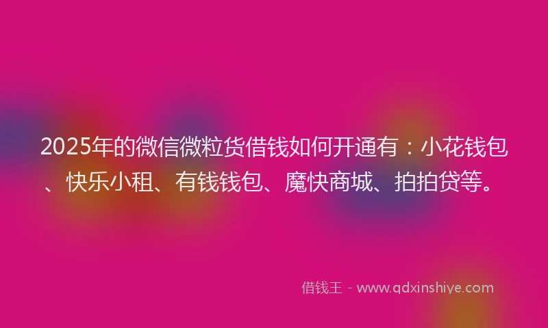 2025年的微信微粒货借钱如何开通有：小花钱包、快乐小租、有钱钱包、魔快商城、拍拍贷等。