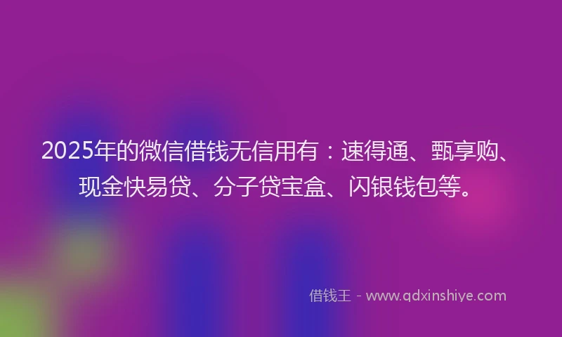 2025年的微信借钱无信用有：速得通、甄享购、现金快易贷、分子贷宝盒、闪银钱包等。