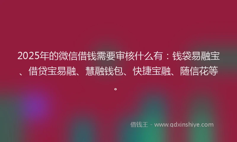 2025年的微信借钱需要审核什么有：钱袋易融宝、借贷宝易融、慧融钱包、快捷宝融、随信花等。