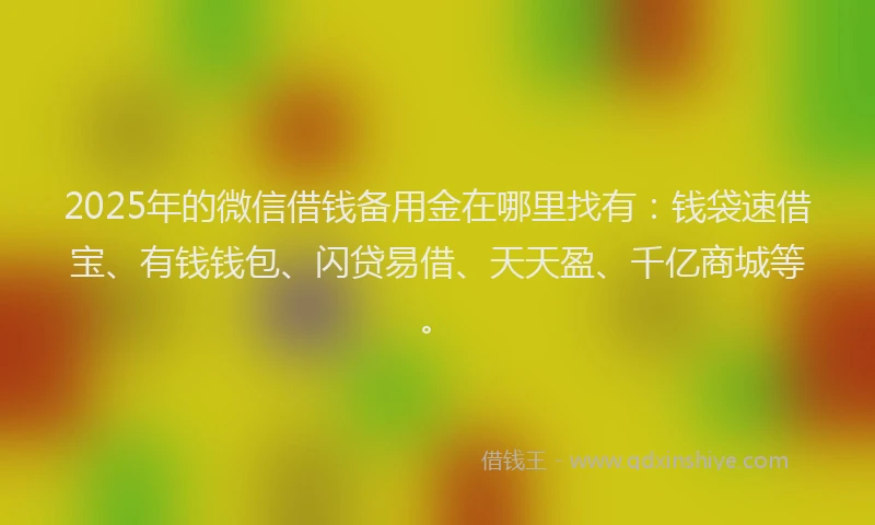 2025年的微信借钱备用金在哪里找有：钱袋速借宝、有钱钱包、闪贷易借、天天盈、千亿商城等。
