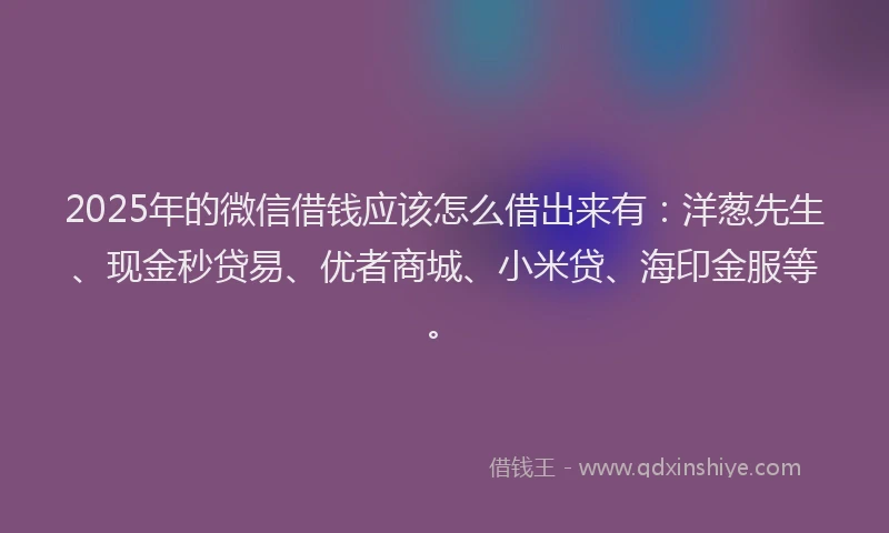 2025年的微信借钱应该怎么借出来有：洋葱先生、现金秒贷易、优者商城、小米贷、海印金服等。