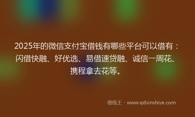 2025年的微信支付宝借钱有哪些平台可以借有：闪借快融、好优选、易借速贷融、诚信一周花、携程拿去花等。