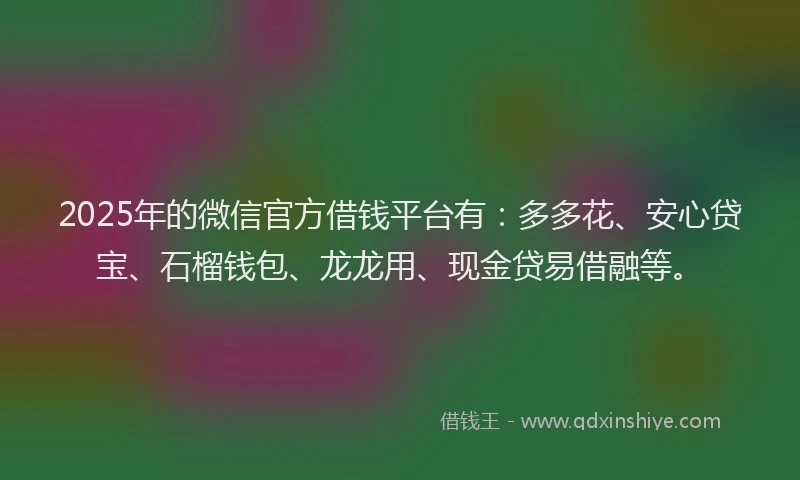 2025年的微信官方借钱平台有：多多花、安心贷宝、石榴钱包、龙龙用、现金贷易借融等。