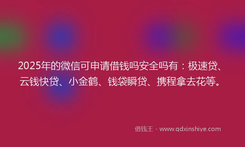 2025年的微信可申请借钱吗安全吗有：极速贷、云钱快贷、小金鹤、钱袋瞬贷、携程拿去花等。
