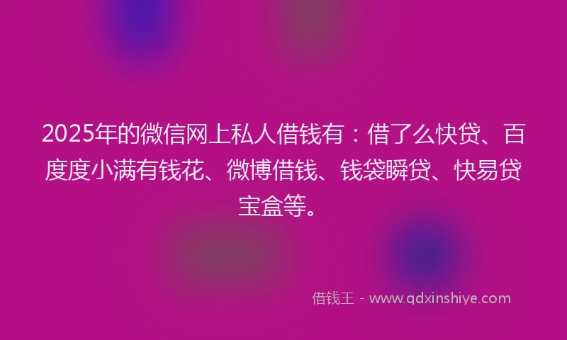 2025年的微信网上私人借钱有：借了么快贷、百度度小满有钱花、微博借钱、钱袋瞬贷、快易贷宝盒等。