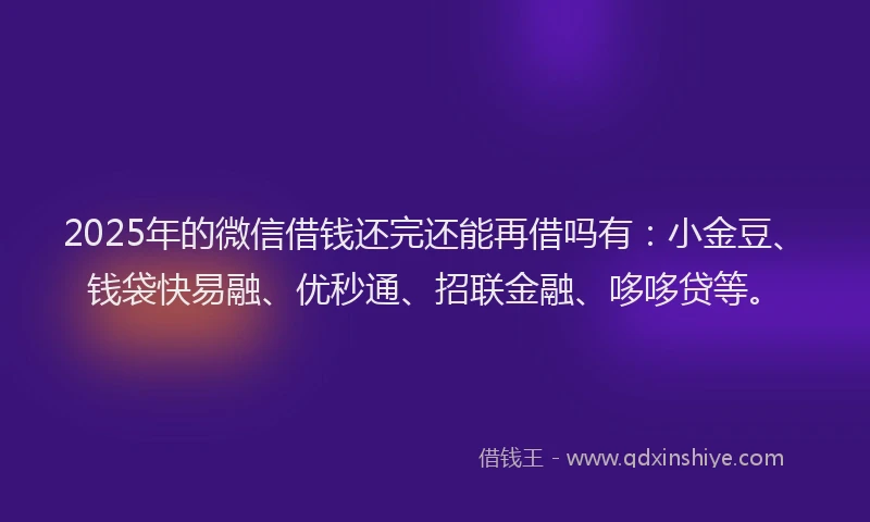 2025年的微信借钱还完还能再借吗有：小金豆、钱袋快易融、优秒通、招联金融、哆哆贷等。