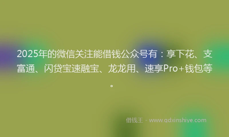 2025年的微信关注能借钱公众号有：享下花、支富通、闪贷宝速融宝、龙龙用、速享Pro+钱包等。