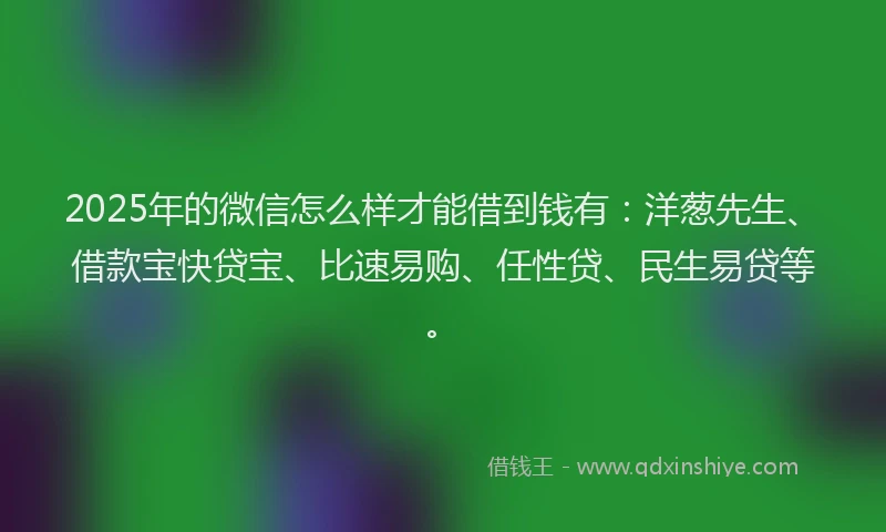 2025年的微信怎么样才能借到钱有：洋葱先生、借款宝快贷宝、比速易购、任性贷、民生易贷等。