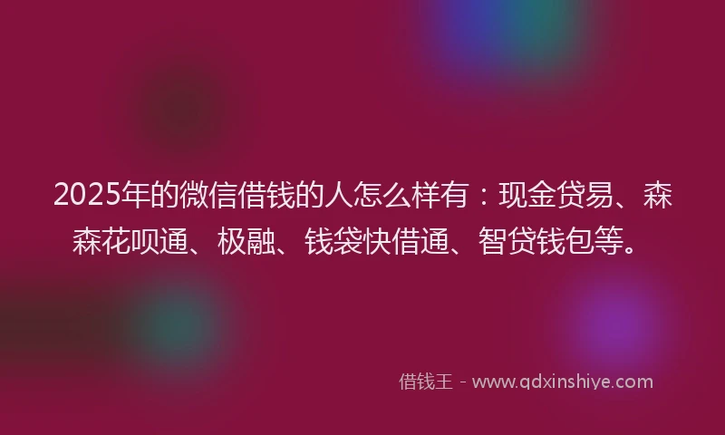 2025年的微信借钱的人怎么样有：现金贷易、森森花呗通、极融、钱袋快借通、智贷钱包等。