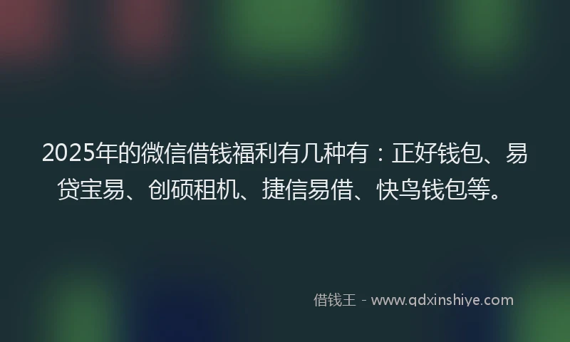 2025年的微信借钱福利有几种有：正好钱包、易贷宝易、创硕租机、捷信易借、快鸟钱包等。