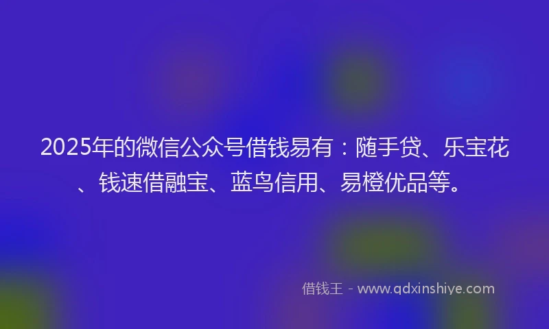 2025年的微信公众号借钱易有：随手贷、乐宝花、钱速借融宝、蓝鸟信用、易橙优品等。