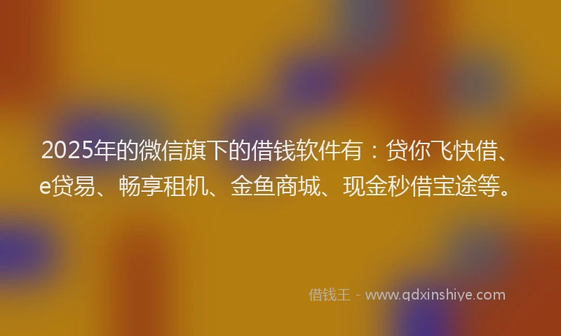 2025年的微信旗下的借钱软件有：贷你飞快借、e贷易、畅享租机、金鱼商城、现金秒借宝途等。